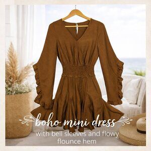 Boho Cocoa Brown Mini Dress Flounce Hem Bell Sleeve Luxehouse | S Mint Condition